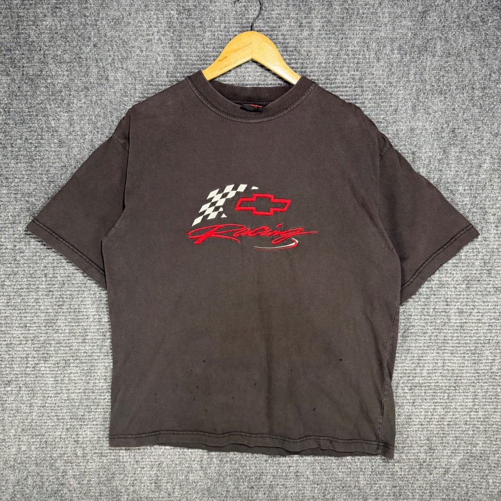 Vintage Chevrolet Racing Embroidered Tee Mens XL Faded Black Distressed Chevy